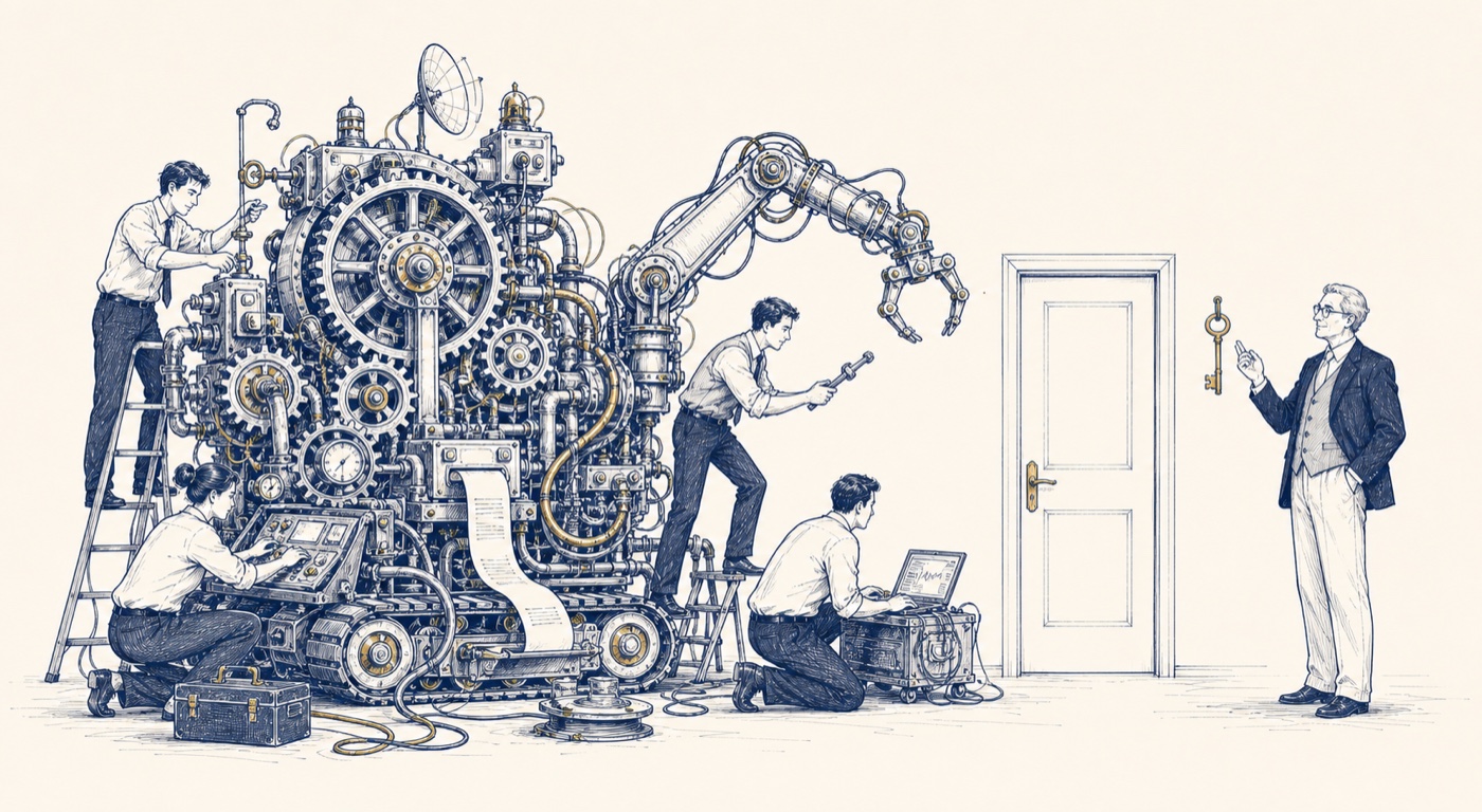 A team prepares a complicated machine while an architect points to a simple key