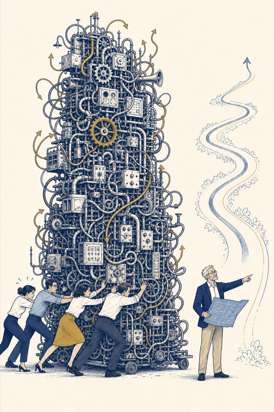 A team pushes a complicated machine while an architect points to a simpler route